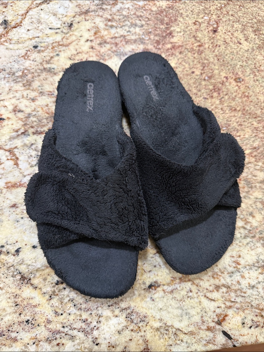 Black Plush Slide Sandals - Aetrex orthopedic Women’s Comfort Slippers 9
